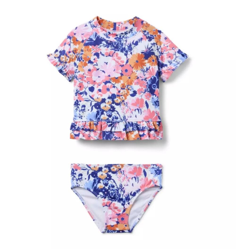 Janie and Jack Girls 12 Floral Short Sleeve Ruffle Rash Guard Swimsuit Set A17-6